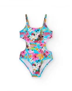 Bañador multicolor para niña con estampado tropical y tirantes