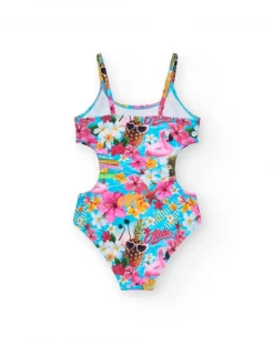 Bañador multicolor para niña con estampado tropical y tirantes