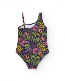 Bañador para niña en azul marino con diseño asimétrico y estampado tropical