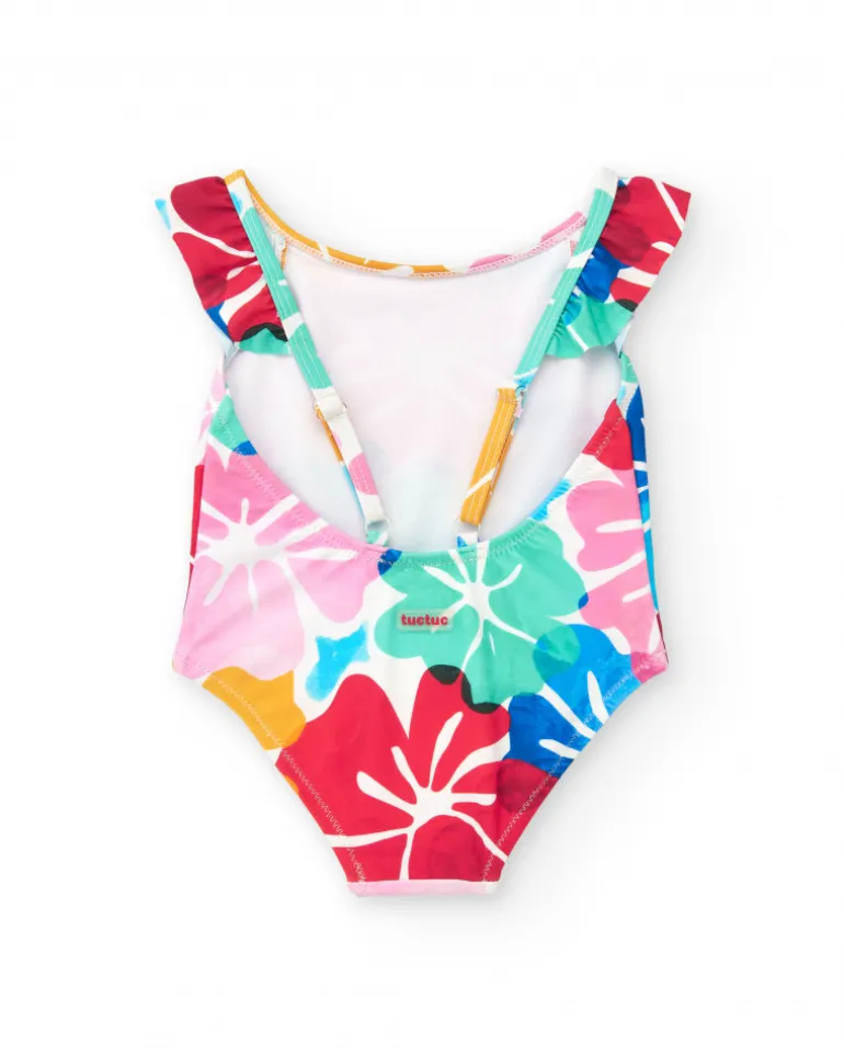 Bañador para niña en blanco con estampado floral y volantes
