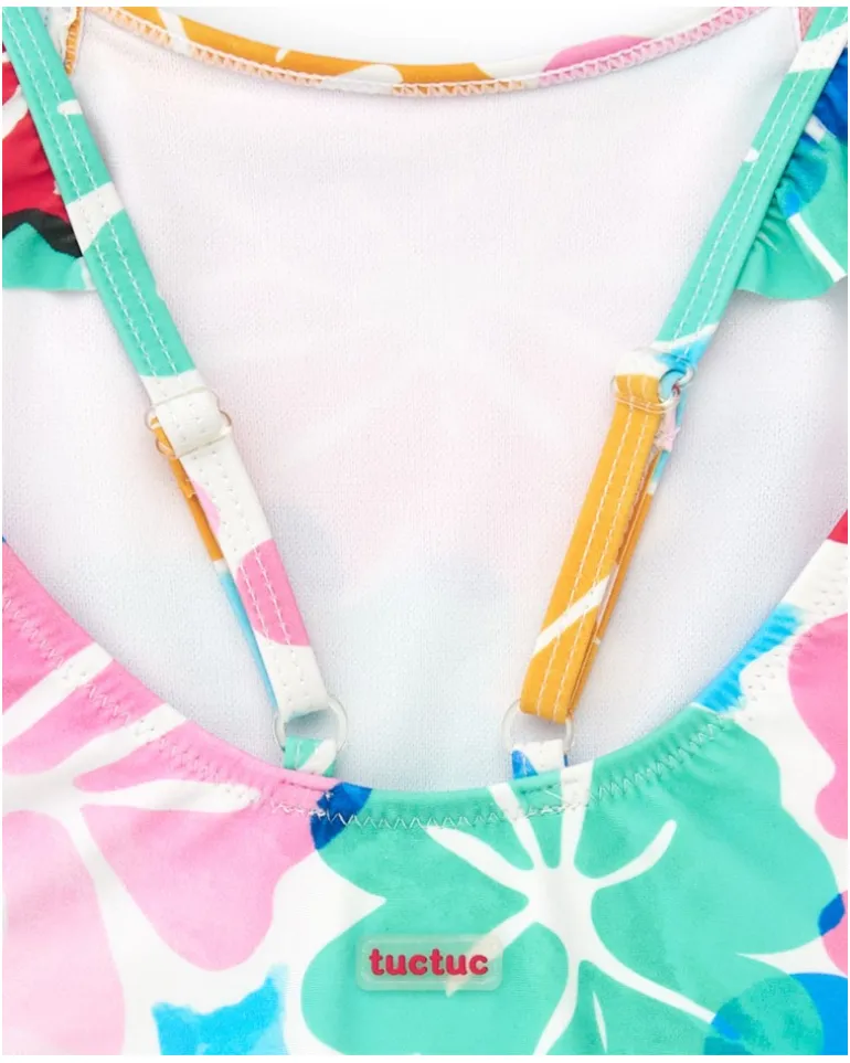 Bañador para niña en blanco con estampado floral y volantes