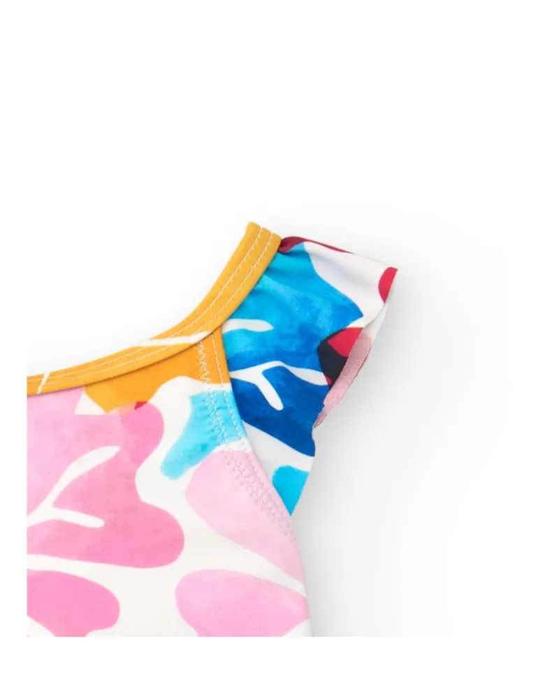 Bañador para niña en blanco con estampado floral y volantes