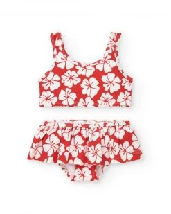 Bikini para niña en rojo con estampado floral y volante