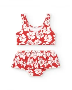 Bikini para niña en rojo con estampado floral y volante