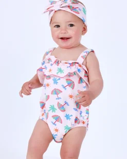 Body rosa para niña con estampado de paraguas, palmeras y soles