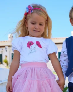 Camiseta blanca para niña con flores y brillo