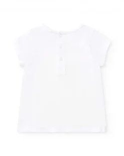 Camiseta blanca para niña con flamenco rosa y cierre trasero