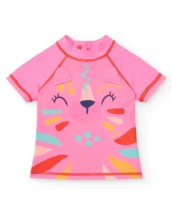 Camiseta de baño rosa para niña con estampado de carita animal