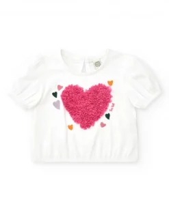 Camiseta para niña en blanco con mangas abullonadas y fruncido