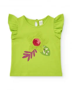 Camiseta verde para niña con volantes y flor de crochet