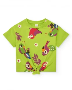 Camiseta verde para niña con loros, flores y nudo decorativo