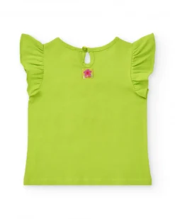 Camiseta verde para niña con volantes y flor de crochet