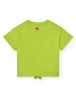 Camiseta verde para niña con loros, flores y nudo decorativo