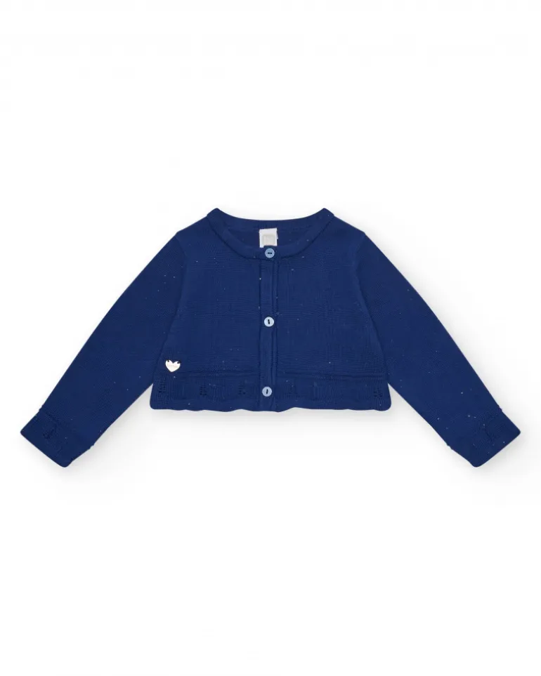 Chaqueta azul marino de tricot para niña con cuello redondo y botones