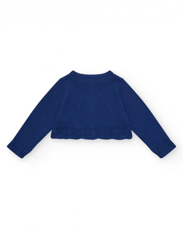 Chaqueta azul marino de tricot para niña con cuello redondo y botones