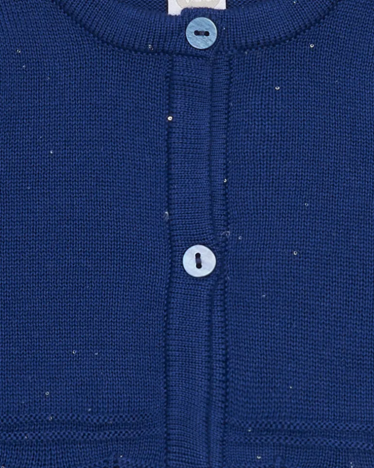 Chaqueta azul marino de tricot para niña con cuello redondo y botones