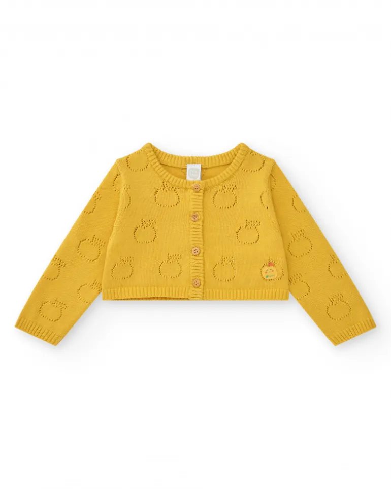 Chaqueta de tricot amarilla para niña con diseño calado de manzanas