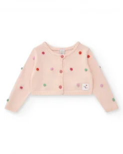 Chaqueta rosa de tricot para niña con pompones multicolor y botones frontales