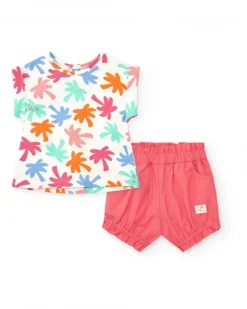Conjunto blanco y coral para niña con camiseta de hojas tropicales y shorts fruncidos