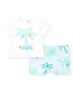 Conjunto de baño para niño con camiseta blanca de palmera y pantalón azul de estampado tropical