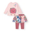 Conjunto de camiseta y falda con leggings para niña en rosa con estampado de erizo y flores