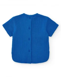 Conjunto de plana para niño con camisa azul de manga corta y pantalón vaquero con bordado de
