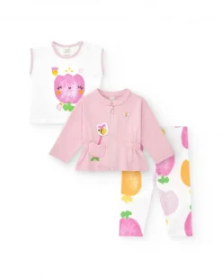 Conjunto de punto para niña de tres piezas en color blanco y rosa con estampado