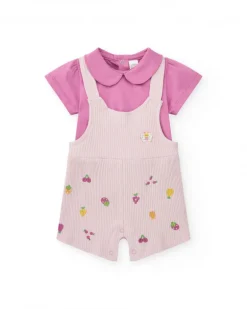 Conjunto de punto para niña con peto acanalado lila estampado de frutas