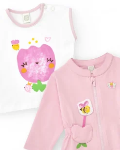 Conjunto de punto para niña de tres piezas en color blanco y rosa con estampado