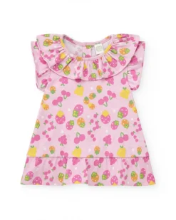 Conjunto de punto para niña con vestido rosa estampado de frutas
