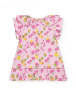 Conjunto de punto para niña con vestido rosa estampado de frutas