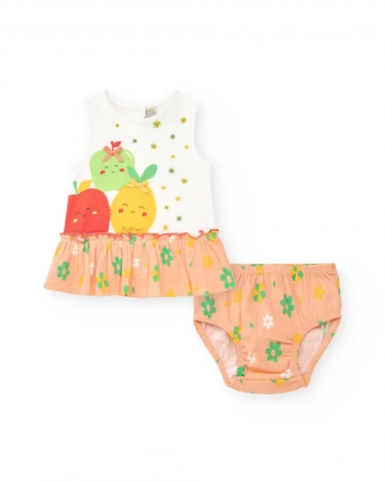 Conjunto para niña con blusa salmón y braguita amarilla con bordados