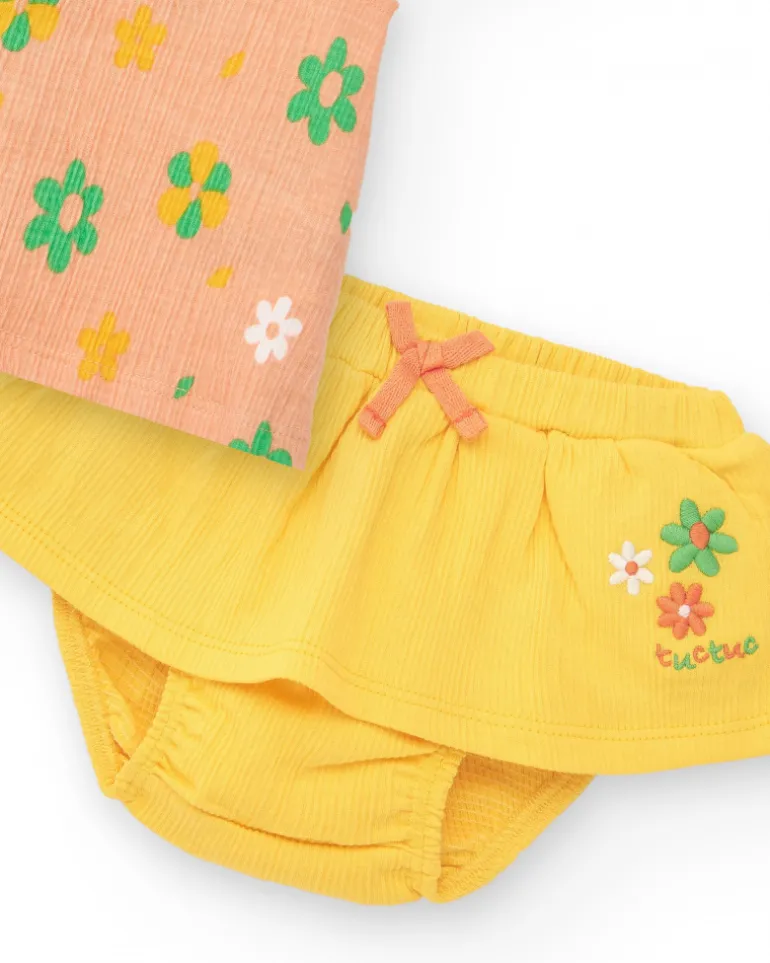 Conjunto para niña con blusa de flores y braguita amarilla