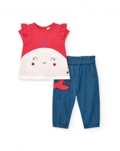 Conjunto para niña con camiseta roja de ballena y pantalón denim con bordado