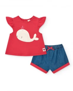 Conjunto para niña con camiseta roja de ballena y pantalón vaquero azul