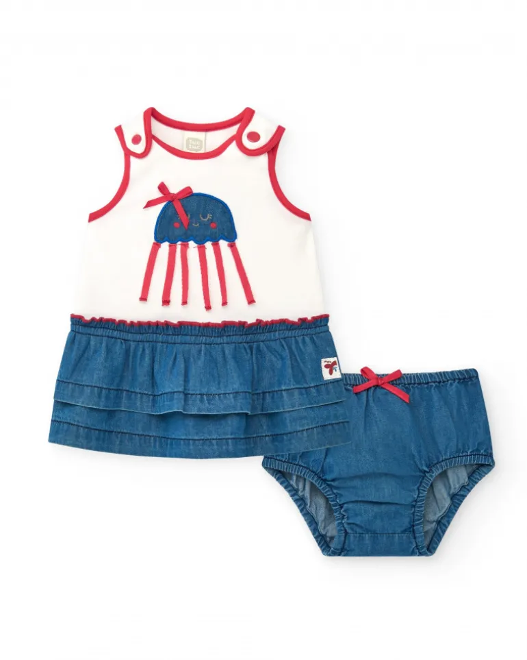 Conjunto para niña con camiseta blanca de medusa y falda denim de volantes