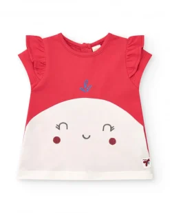Conjunto para niña con camiseta roja de ballena y pantalón denim con bordado