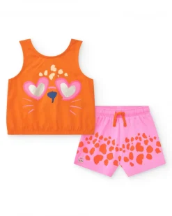 Conjunto para niña con camiseta naranja de animal y short rosa de manchas