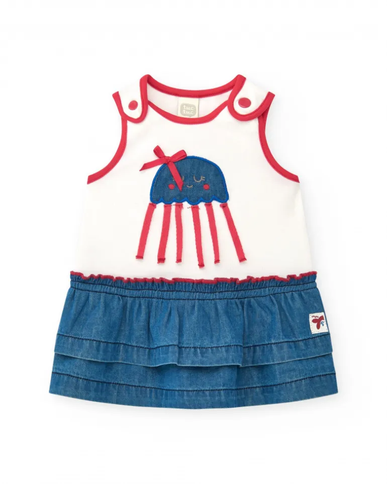 Conjunto para niña con camiseta blanca de medusa y falda denim de volantes