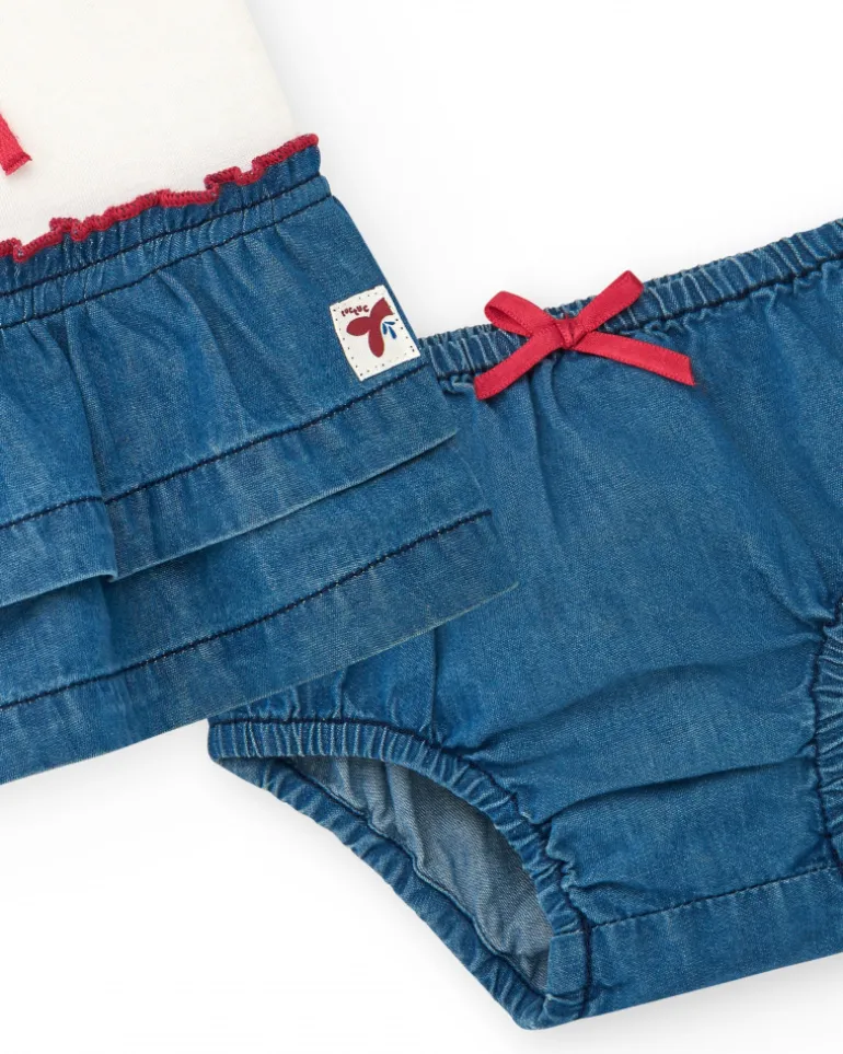 Conjunto para niña con camiseta blanca de medusa y falda denim de volantes