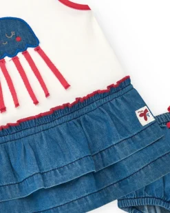 Conjunto para niña con camiseta blanca de medusa y falda denim de volantes