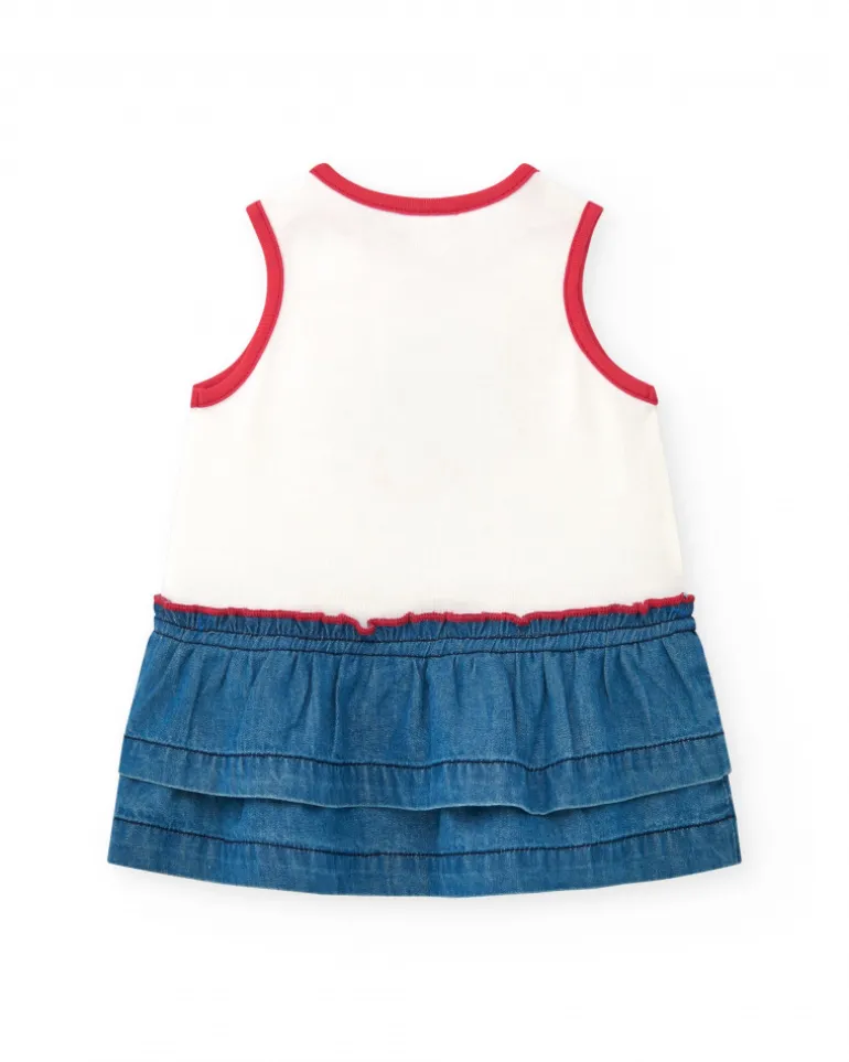 Conjunto para niña con camiseta blanca de medusa y falda denim de volantes