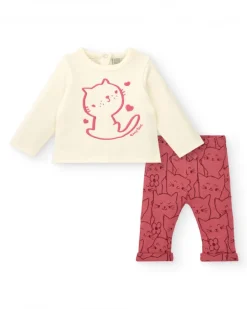Conjunto para niña en crema y rosa con diseño de gatito colección Lovely Kittens