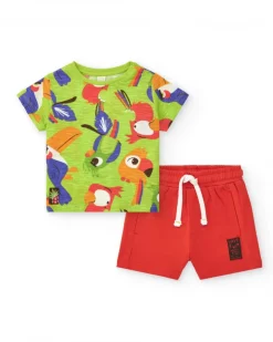 Conjunto para niño con camiseta de loros y bermuda roja