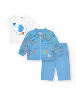 Conjunto para niño con camiseta blanca de elefante, chaqueta azul con capucha y pantalón largo azul