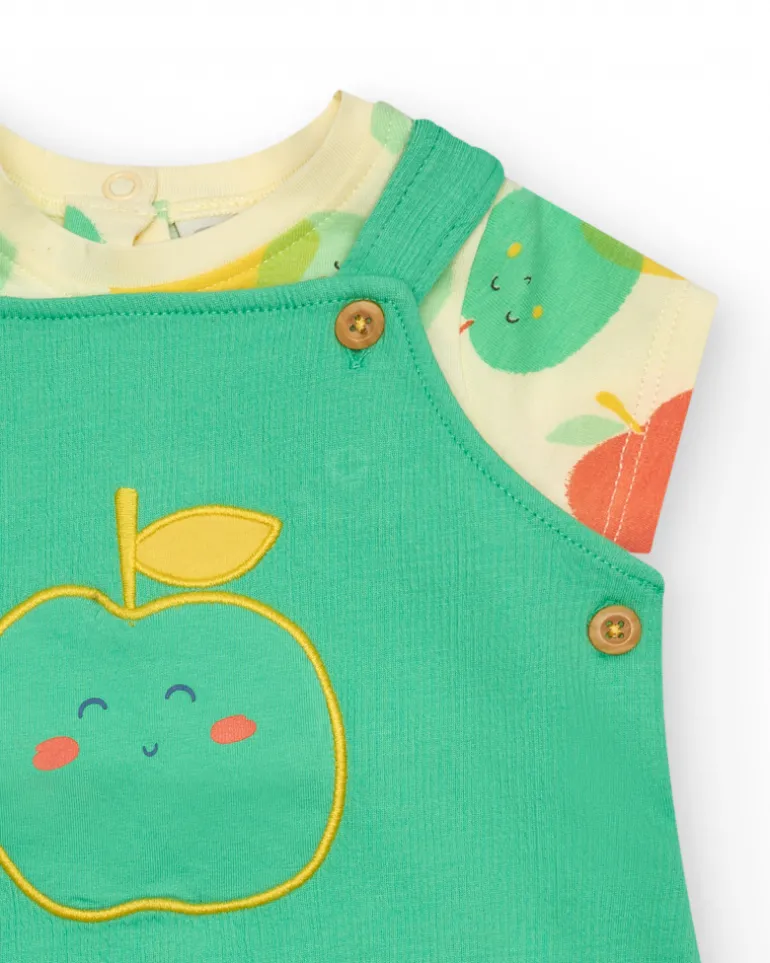 Conjunto para niño con camiseta de manzanas y peto verde con bordado de manzana