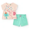 Conjunto rosa para niña con camiseta de elefante y pantalón corto verde