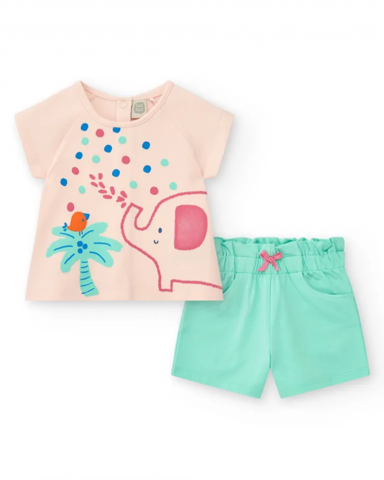 Conjunto rosa para niña con camiseta de elefante y pantalón corto verde