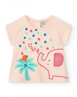 Conjunto rosa para niña con camiseta de elefante y pantalón corto verde