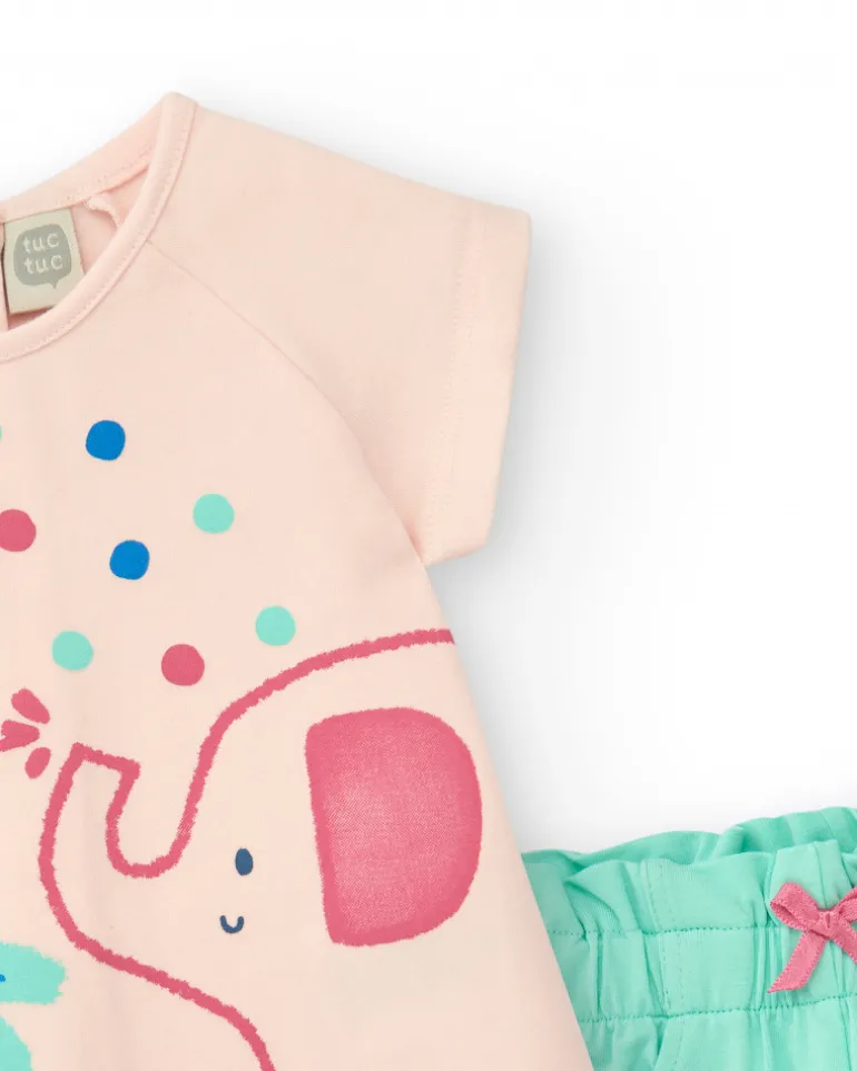 Conjunto rosa para niña con camiseta de elefante y pantalón corto verde
